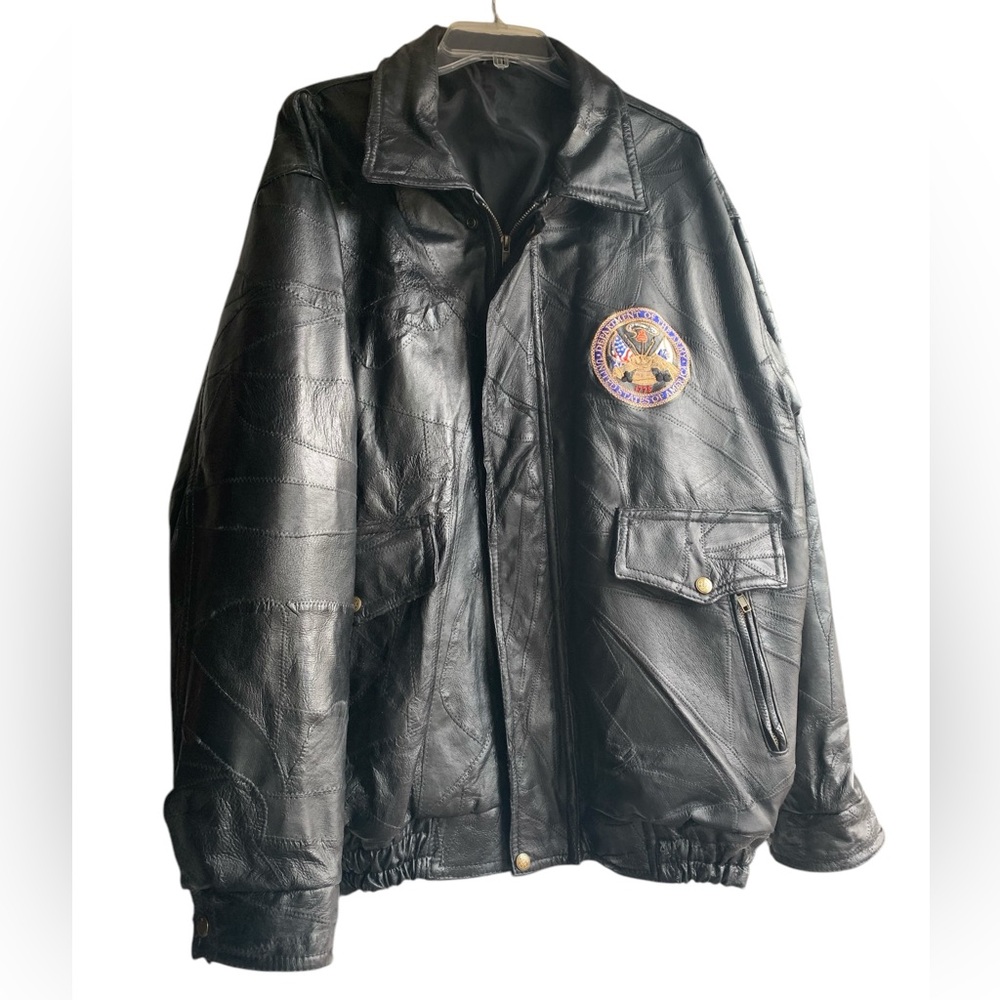 Vintage US Military Patchwork Leather Black Bomber Jacket Department of The Army